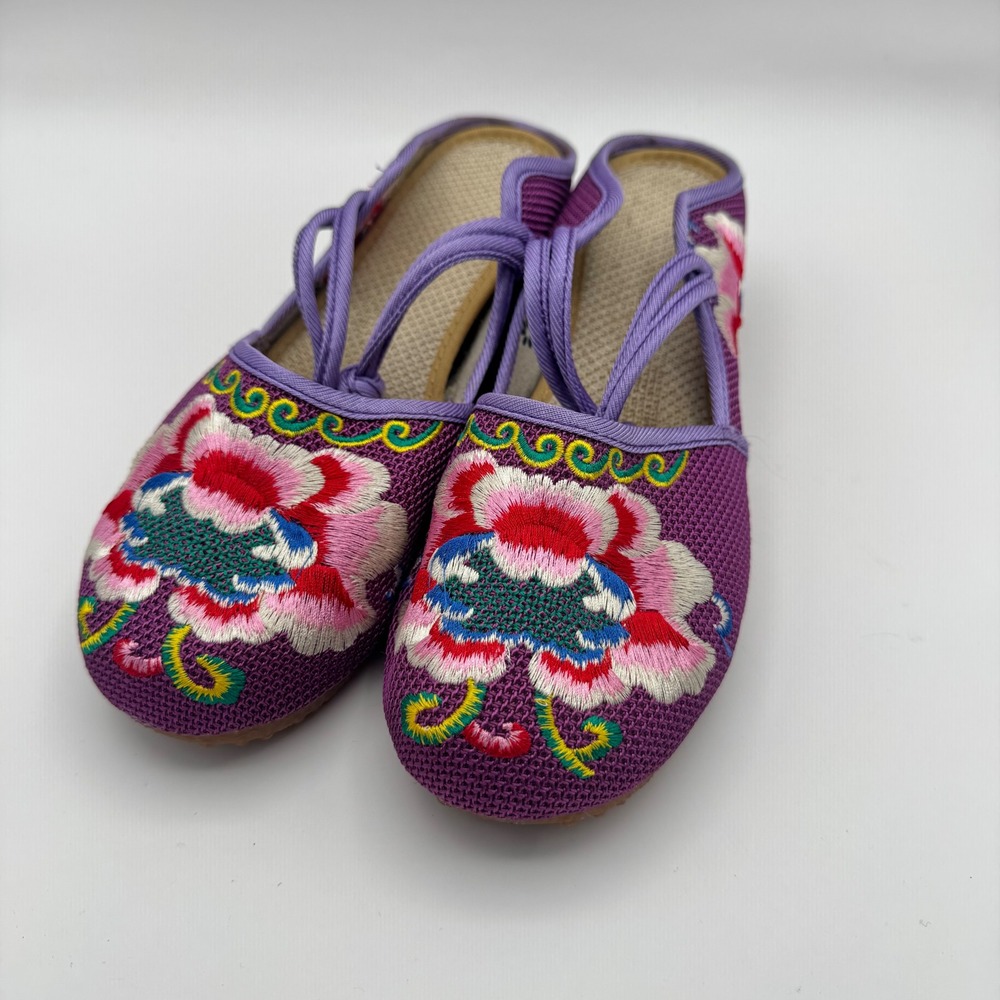 Vintage Chinese Embroidered Floral Mary Jane Flats Purple Mesh Shoes 255